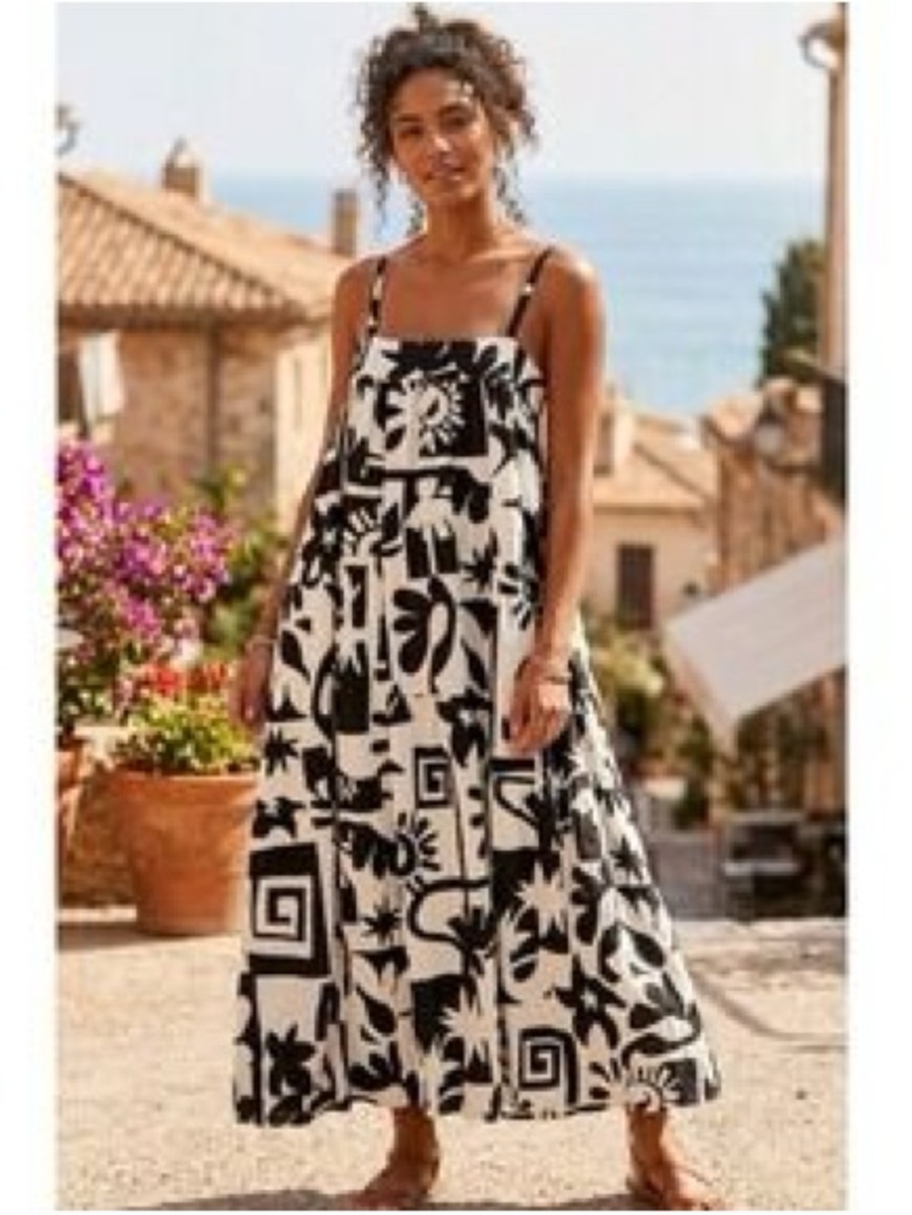 Abel the Label Black & Off White Abstract Print Spaghetti Strap Maxi Dress